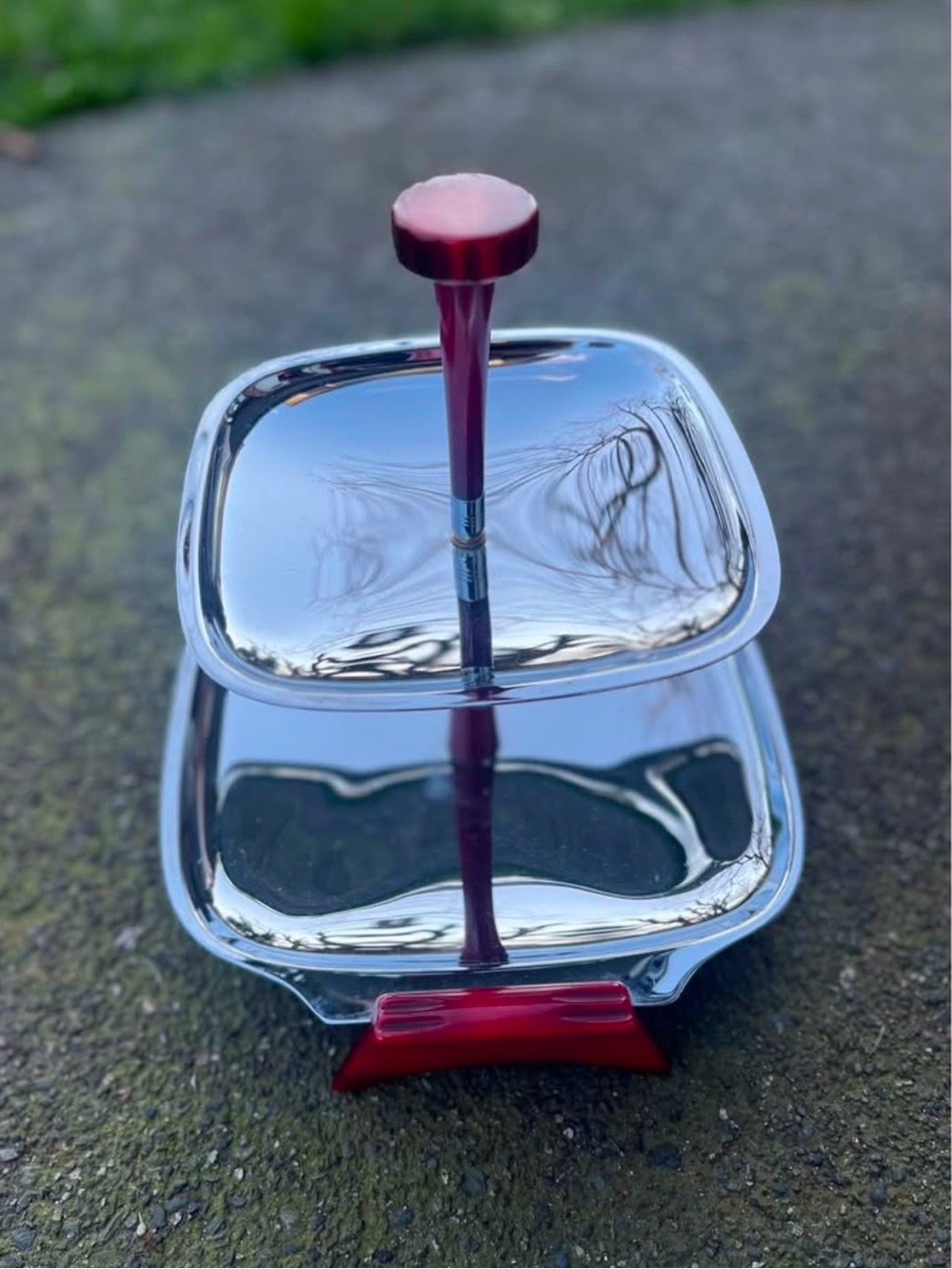 MCM Glo-Hill 2-Tier Chrome Serving Tray Red Bakelite Handles Vintage